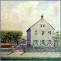 Türmchen, der kleine Dachreiter gab ihm seinen Namen, vorn der Weg entlang des Weißeritzmühlgrabens, eine Brücke führt darüber, 1856