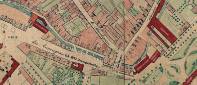 Ausschnitt: Plan von Dresden mit seinen Vorstädten und Gartenanlagen, 1834, Verlauf des Weißeritzmühlgrabens von links (Damm-Mühle) nach rechts (Silberhammer), SLUB/Kartenforum, SHStH 